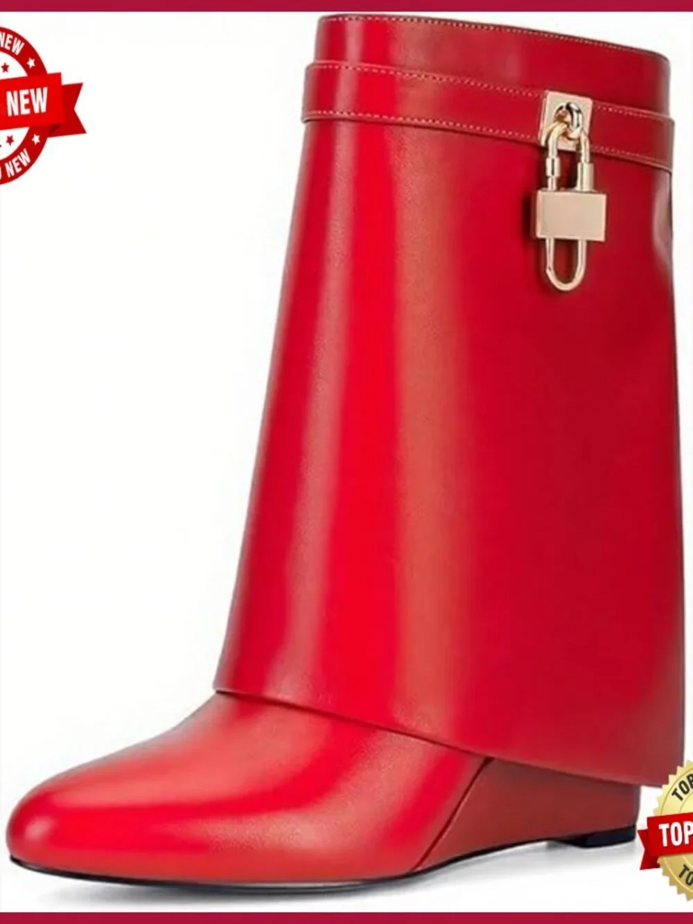 Fold Over Mid-Calf Boots Platform Wedge Heel Pointed Toe Faux Leather Pull On